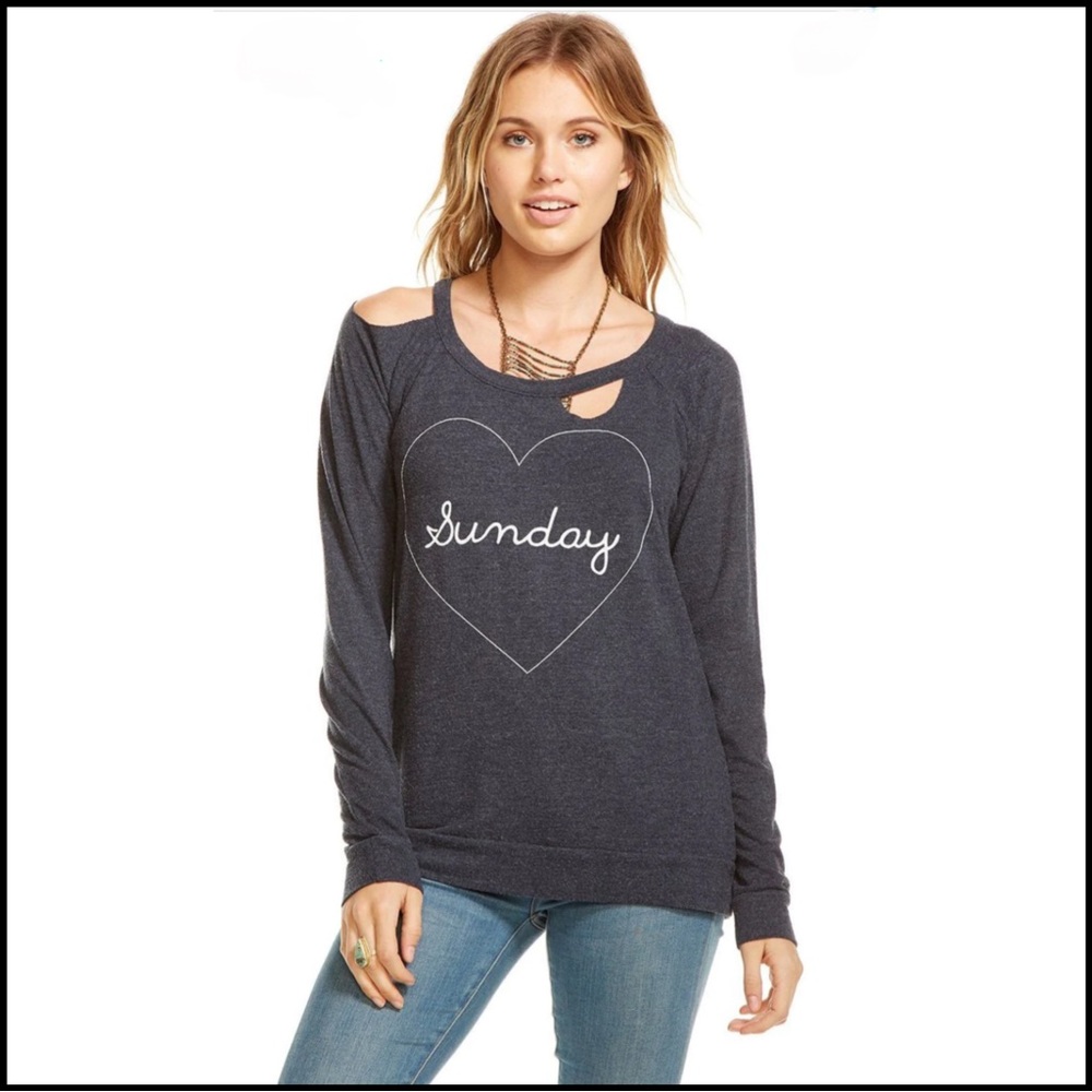 NWT CHASER DARK GRAY DECONSTRUCTED HEART SUNDAY SWEATSHIRT M - Picture 1 of 9